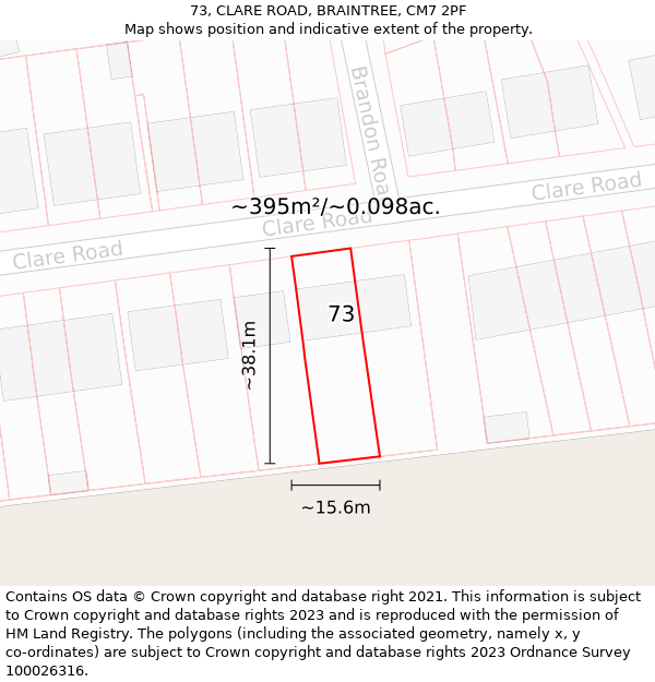 73, CLARE ROAD, BRAINTREE, CM7 2PF: Plot and title map
