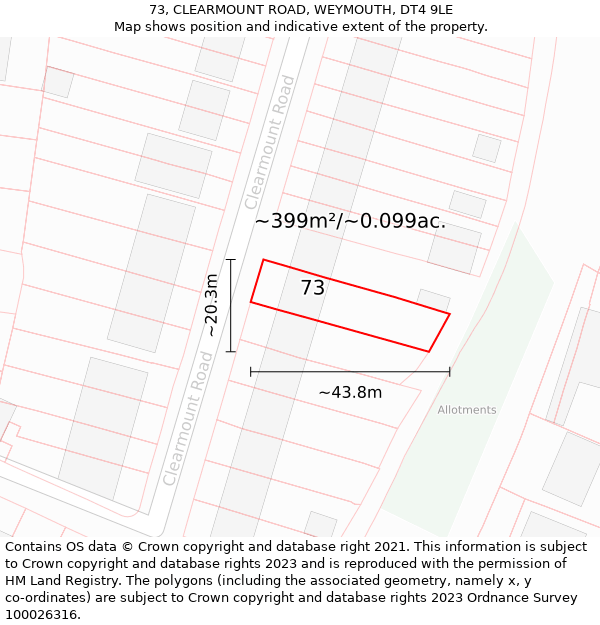 73, CLEARMOUNT ROAD, WEYMOUTH, DT4 9LE: Plot and title map