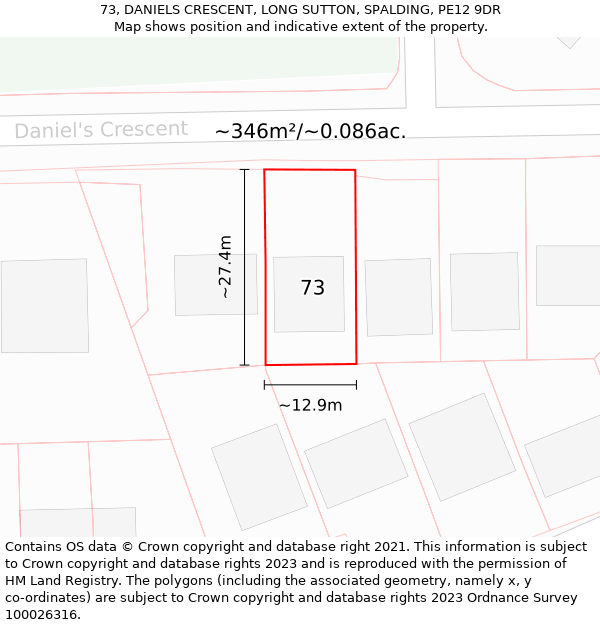 73, DANIELS CRESCENT, LONG SUTTON, SPALDING, PE12 9DR: Plot and title map