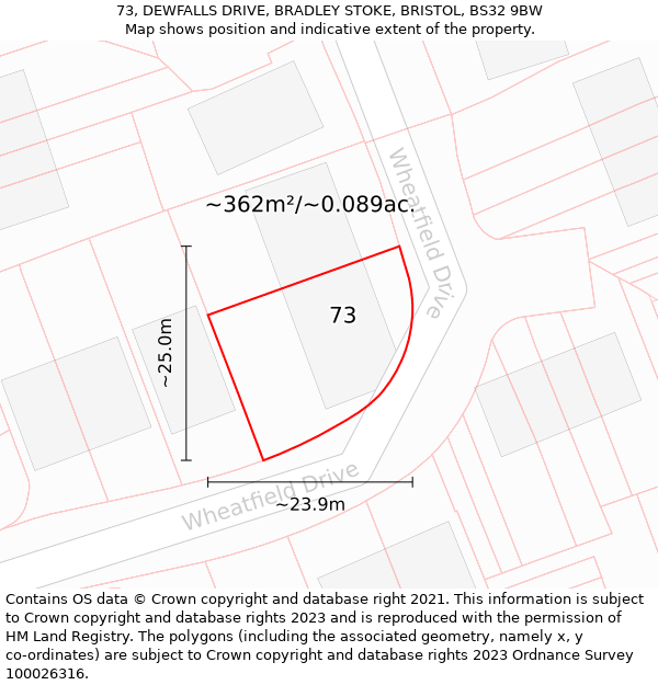 73, DEWFALLS DRIVE, BRADLEY STOKE, BRISTOL, BS32 9BW: Plot and title map