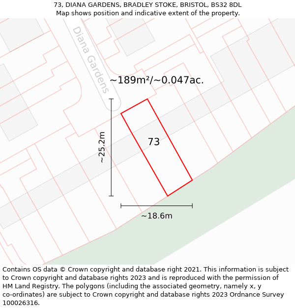 73, DIANA GARDENS, BRADLEY STOKE, BRISTOL, BS32 8DL: Plot and title map