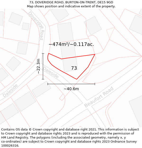 73, DOVERIDGE ROAD, BURTON-ON-TRENT, DE15 9GD: Plot and title map