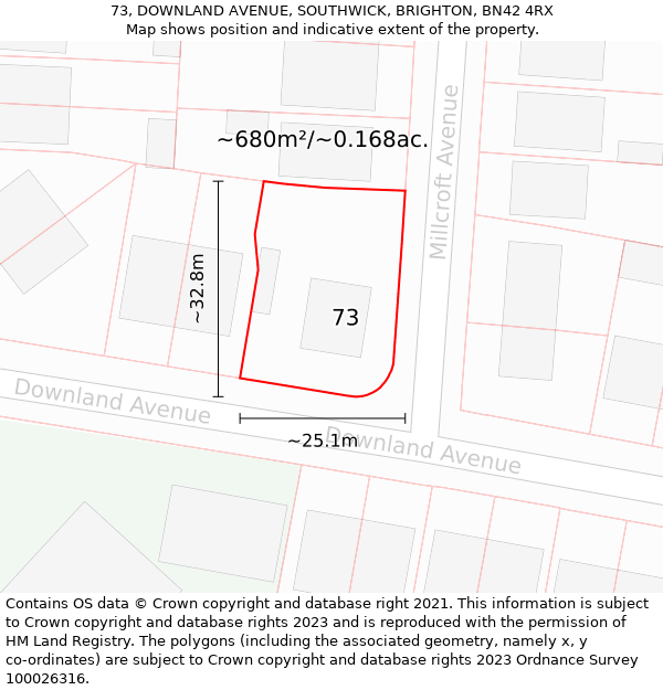 73, DOWNLAND AVENUE, SOUTHWICK, BRIGHTON, BN42 4RX: Plot and title map