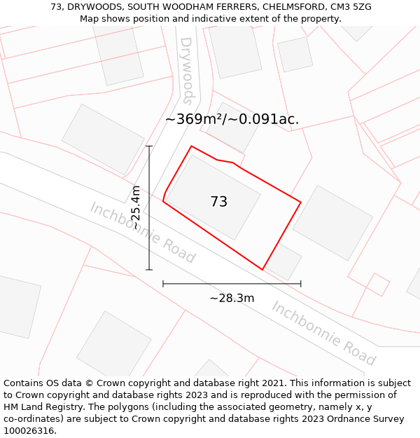 73, DRYWOODS, SOUTH WOODHAM FERRERS, CHELMSFORD, CM3 5ZG: Plot and title map