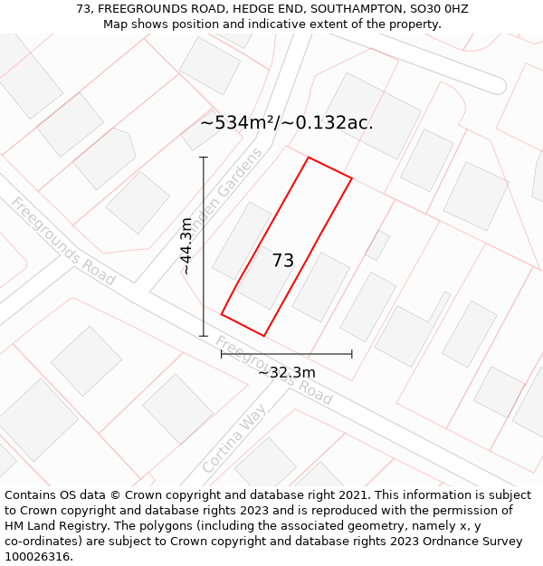 73, FREEGROUNDS ROAD, HEDGE END, SOUTHAMPTON, SO30 0HZ: Plot and title map