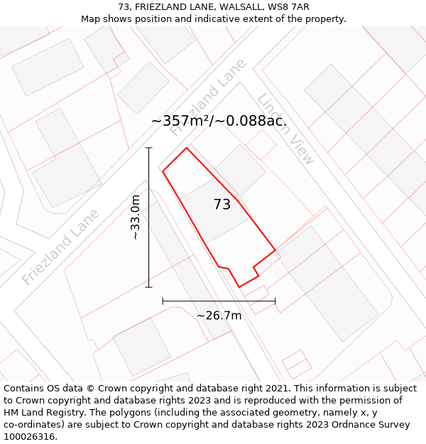 73, FRIEZLAND LANE, WALSALL, WS8 7AR: Plot and title map