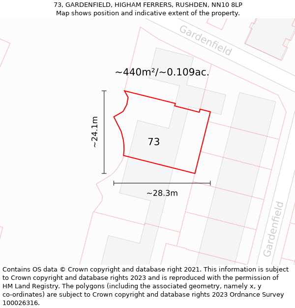 73, GARDENFIELD, HIGHAM FERRERS, RUSHDEN, NN10 8LP: Plot and title map