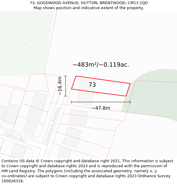 73, GOODWOOD AVENUE, HUTTON, BRENTWOOD, CM13 1QD: Plot and title map