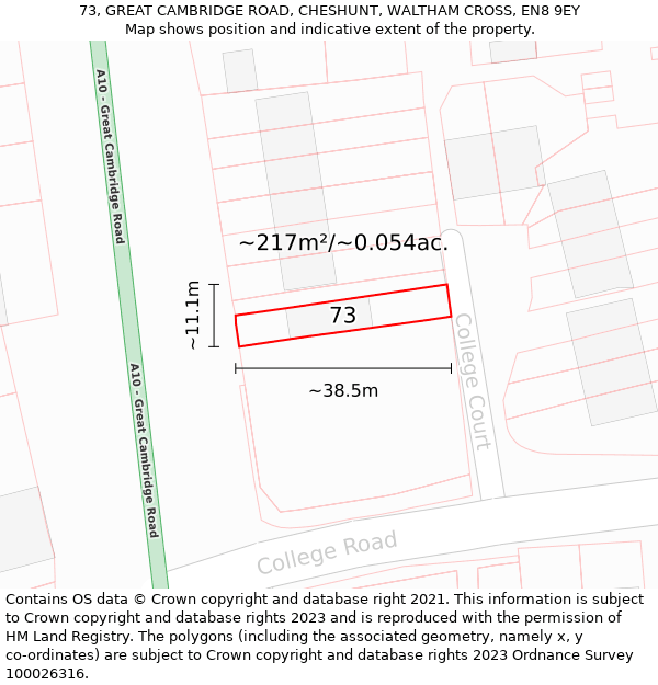 73, GREAT CAMBRIDGE ROAD, CHESHUNT, WALTHAM CROSS, EN8 9EY: Plot and title map