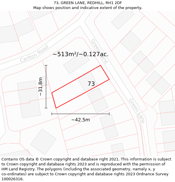 73, GREEN LANE, REDHILL, RH1 2DF: Plot and title map