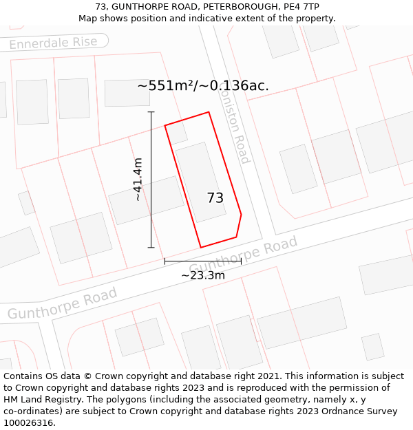 73, GUNTHORPE ROAD, PETERBOROUGH, PE4 7TP: Plot and title map