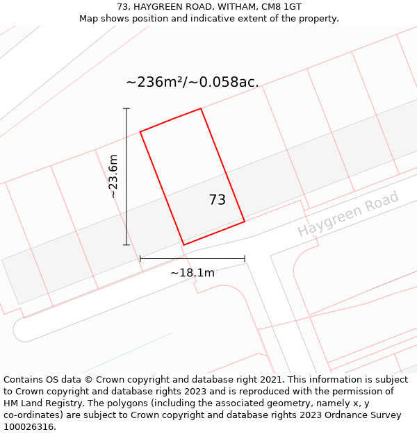 73, HAYGREEN ROAD, WITHAM, CM8 1GT: Plot and title map