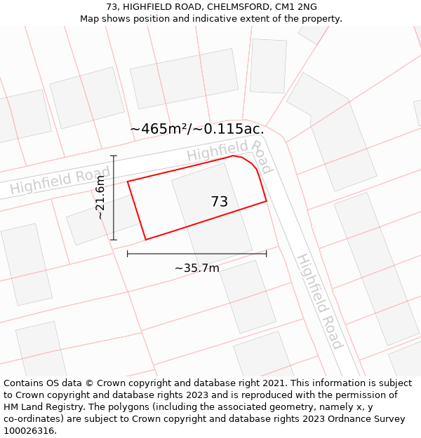 73, HIGHFIELD ROAD, CHELMSFORD, CM1 2NG: Plot and title map