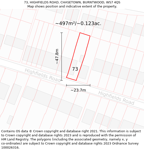 73, HIGHFIELDS ROAD, CHASETOWN, BURNTWOOD, WS7 4QS: Plot and title map