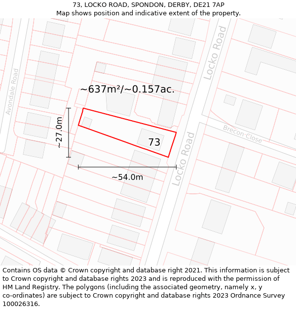 73, LOCKO ROAD, SPONDON, DERBY, DE21 7AP: Plot and title map