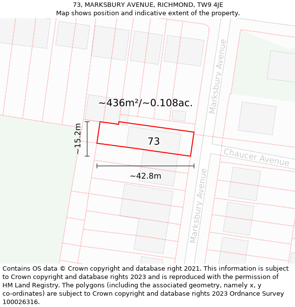 73, MARKSBURY AVENUE, RICHMOND, TW9 4JE: Plot and title map