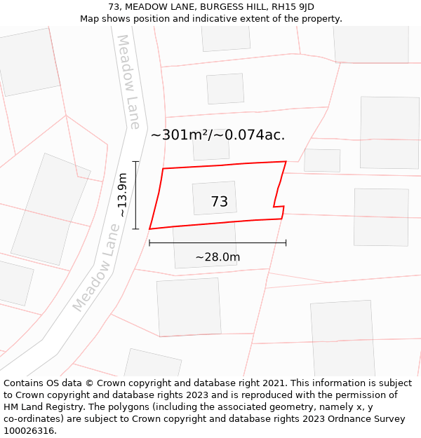 73, MEADOW LANE, BURGESS HILL, RH15 9JD: Plot and title map