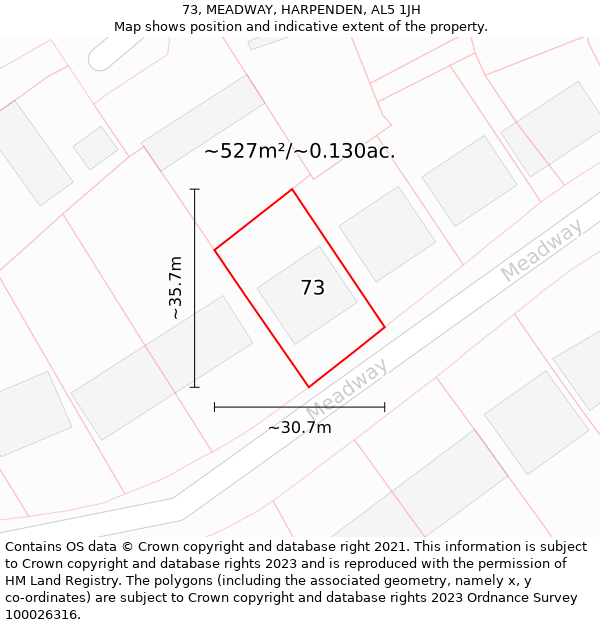 73, MEADWAY, HARPENDEN, AL5 1JH: Plot and title map