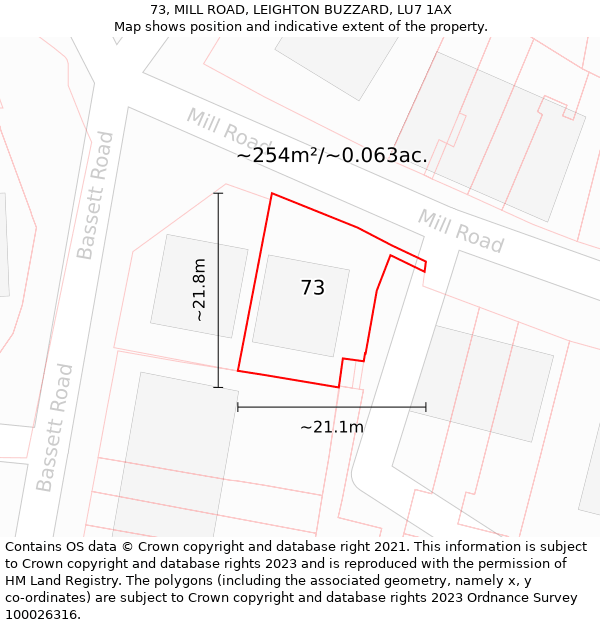 73, MILL ROAD, LEIGHTON BUZZARD, LU7 1AX: Plot and title map