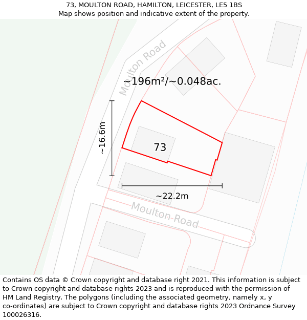 73, MOULTON ROAD, HAMILTON, LEICESTER, LE5 1BS: Plot and title map