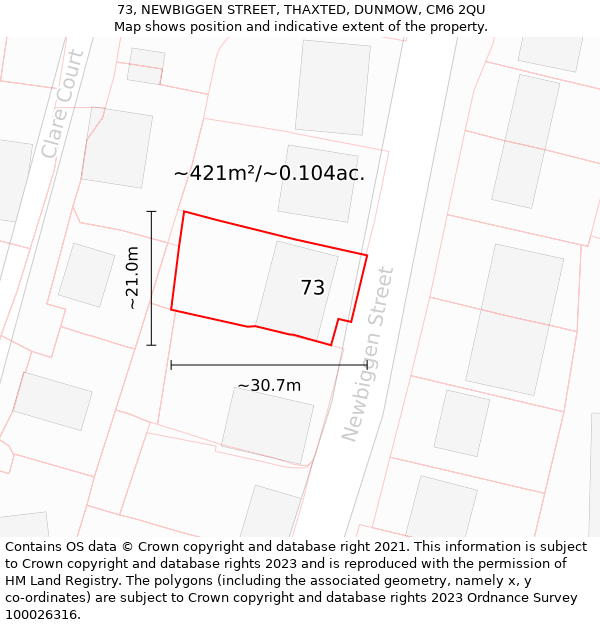 73, NEWBIGGEN STREET, THAXTED, DUNMOW, CM6 2QU: Plot and title map