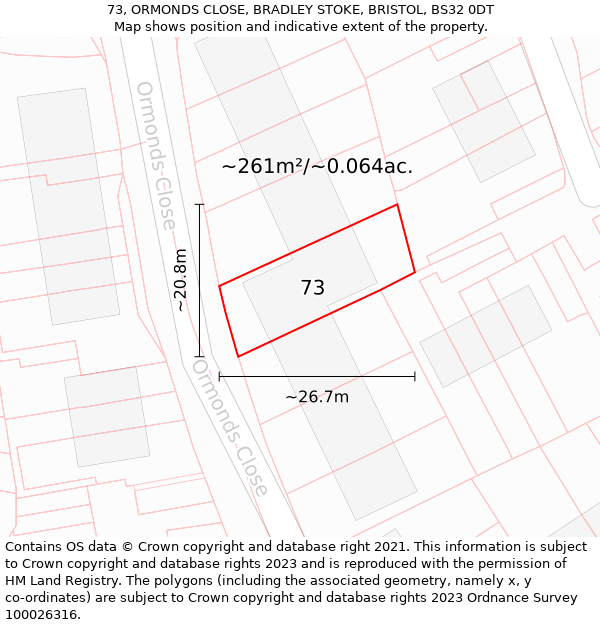 73, ORMONDS CLOSE, BRADLEY STOKE, BRISTOL, BS32 0DT: Plot and title map