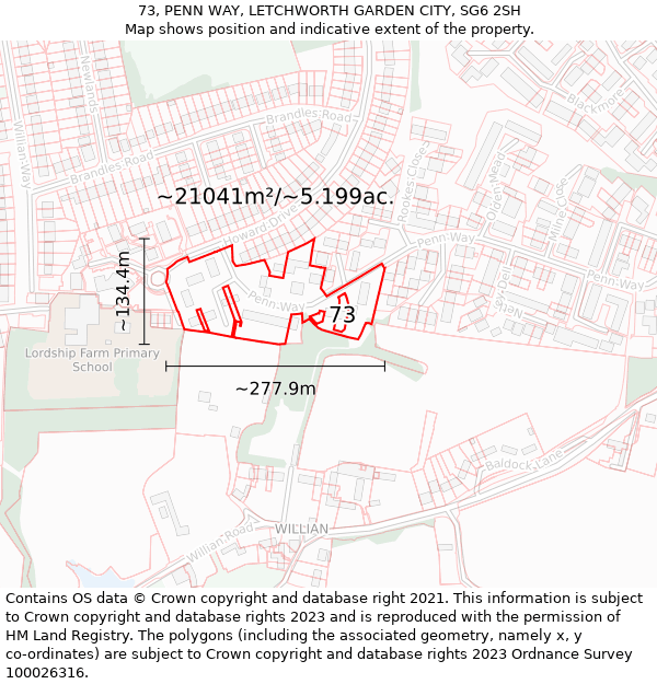 73, PENN WAY, LETCHWORTH GARDEN CITY, SG6 2SH: Plot and title map