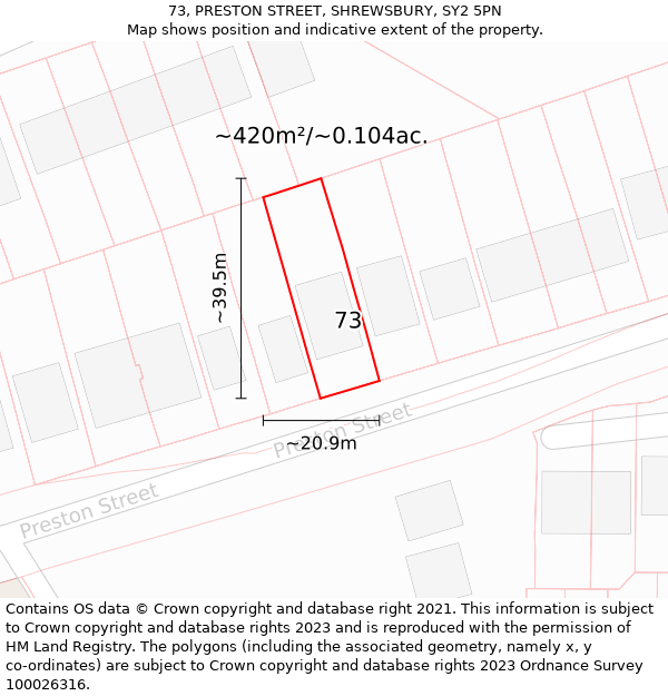 73, PRESTON STREET, SHREWSBURY, SY2 5PN: Plot and title map