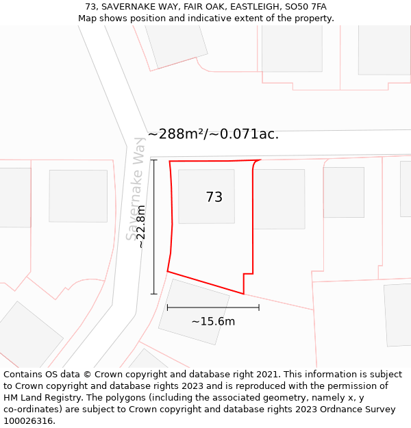 73, SAVERNAKE WAY, FAIR OAK, EASTLEIGH, SO50 7FA: Plot and title map