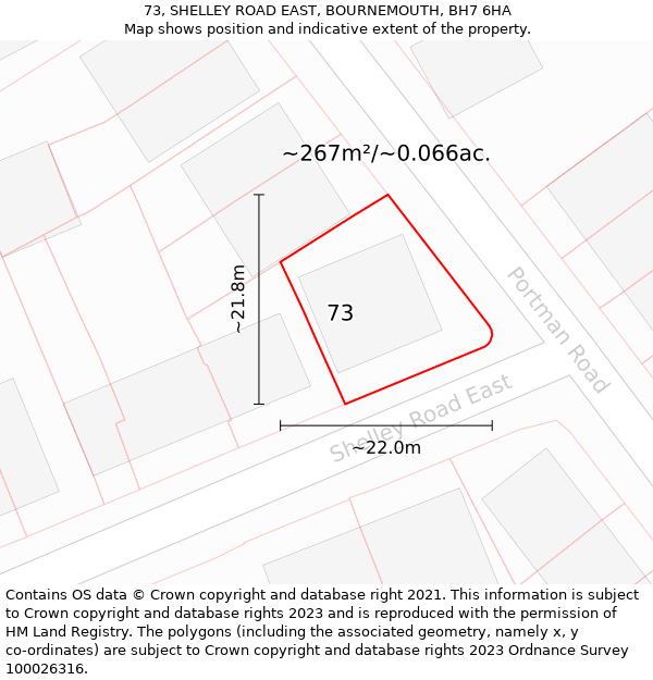 73, SHELLEY ROAD EAST, BOURNEMOUTH, BH7 6HA: Plot and title map