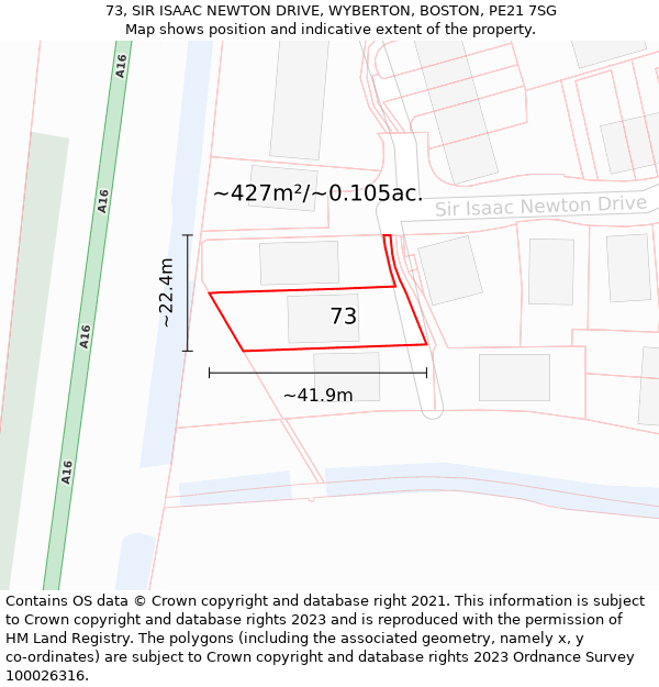 73, SIR ISAAC NEWTON DRIVE, WYBERTON, BOSTON, PE21 7SG: Plot and title map