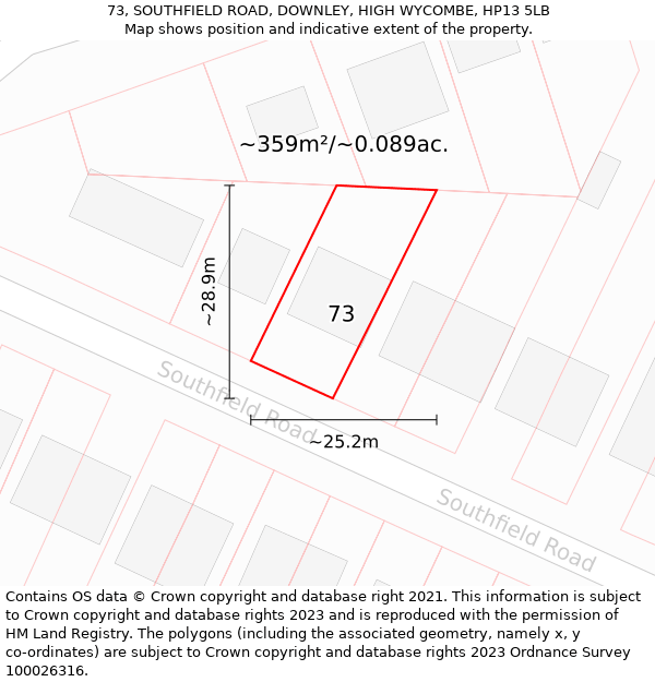 73, SOUTHFIELD ROAD, DOWNLEY, HIGH WYCOMBE, HP13 5LB: Plot and title map
