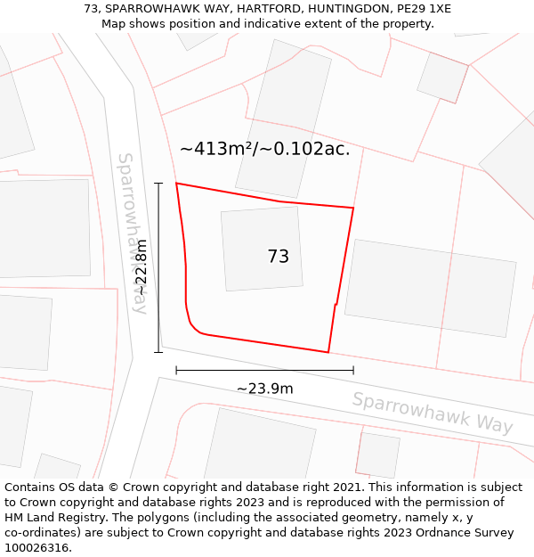 73, SPARROWHAWK WAY, HARTFORD, HUNTINGDON, PE29 1XE: Plot and title map