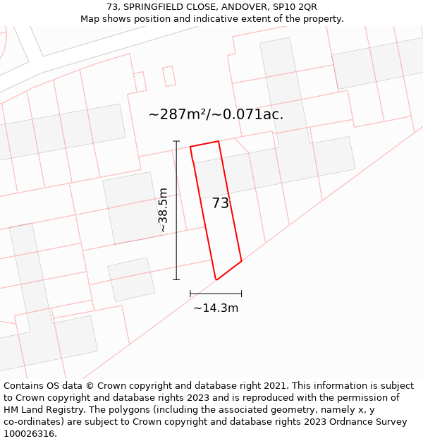 73, SPRINGFIELD CLOSE, ANDOVER, SP10 2QR: Plot and title map