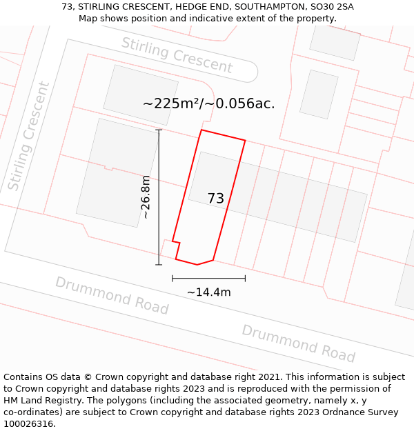 73, STIRLING CRESCENT, HEDGE END, SOUTHAMPTON, SO30 2SA: Plot and title map