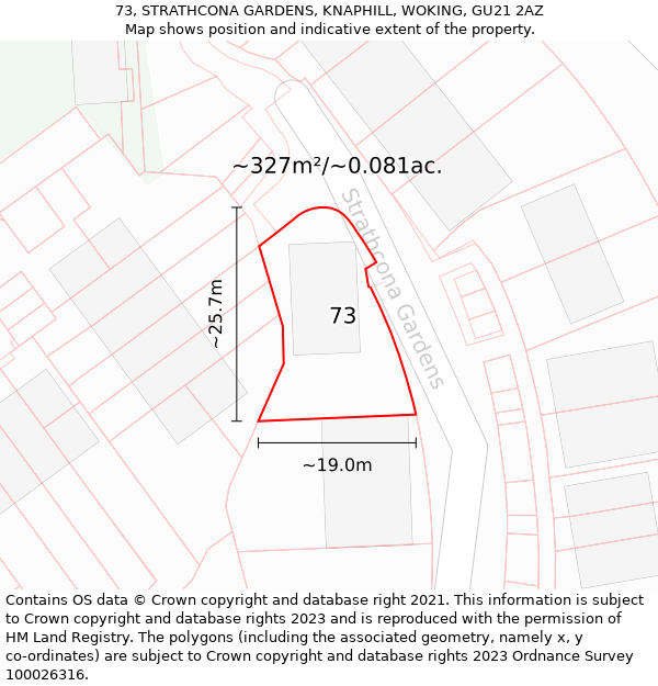 73, STRATHCONA GARDENS, KNAPHILL, WOKING, GU21 2AZ: Plot and title map