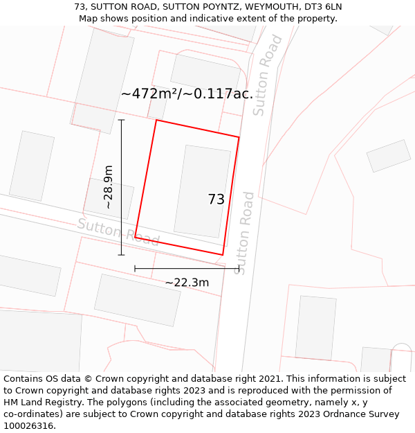 73, SUTTON ROAD, SUTTON POYNTZ, WEYMOUTH, DT3 6LN: Plot and title map