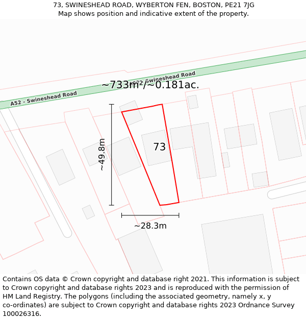 73, SWINESHEAD ROAD, WYBERTON FEN, BOSTON, PE21 7JG: Plot and title map