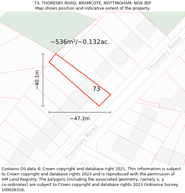 73, THORESBY ROAD, BRAMCOTE, NOTTINGHAM, NG9 3EP: Plot and title map