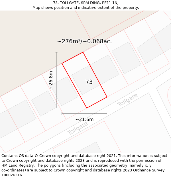 73, TOLLGATE, SPALDING, PE11 1NJ: Plot and title map