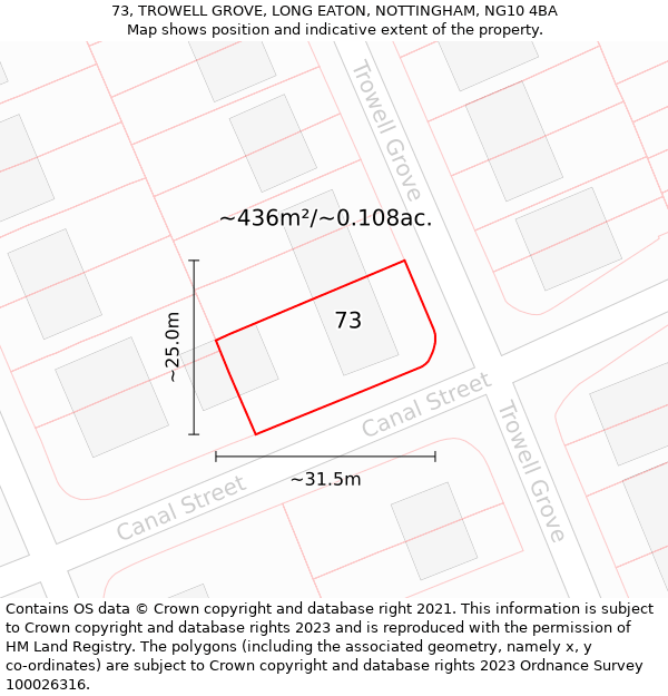 73, TROWELL GROVE, LONG EATON, NOTTINGHAM, NG10 4BA: Plot and title map