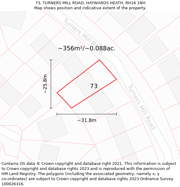 73, TURNERS MILL ROAD, HAYWARDS HEATH, RH16 1NH: Plot and title map