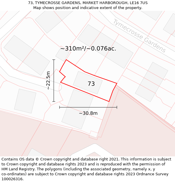 73, TYMECROSSE GARDENS, MARKET HARBOROUGH, LE16 7US: Plot and title map