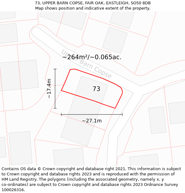 73, UPPER BARN COPSE, FAIR OAK, EASTLEIGH, SO50 8DB: Plot and title map