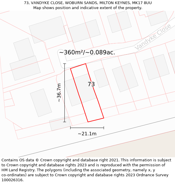 73, VANDYKE CLOSE, WOBURN SANDS, MILTON KEYNES, MK17 8UU: Plot and title map