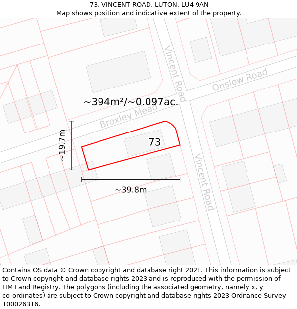 73, VINCENT ROAD, LUTON, LU4 9AN: Plot and title map