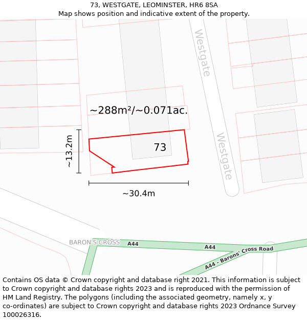 73, WESTGATE, LEOMINSTER, HR6 8SA: Plot and title map