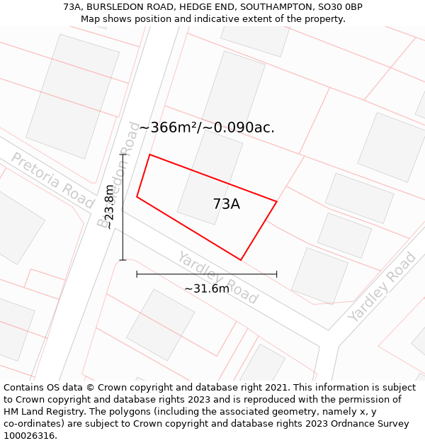 73A, BURSLEDON ROAD, HEDGE END, SOUTHAMPTON, SO30 0BP: Plot and title map