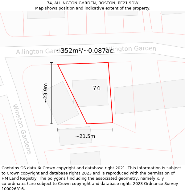 74, ALLINGTON GARDEN, BOSTON, PE21 9DW: Plot and title map