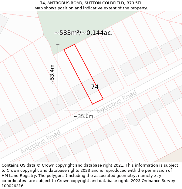 74, ANTROBUS ROAD, SUTTON COLDFIELD, B73 5EL: Plot and title map